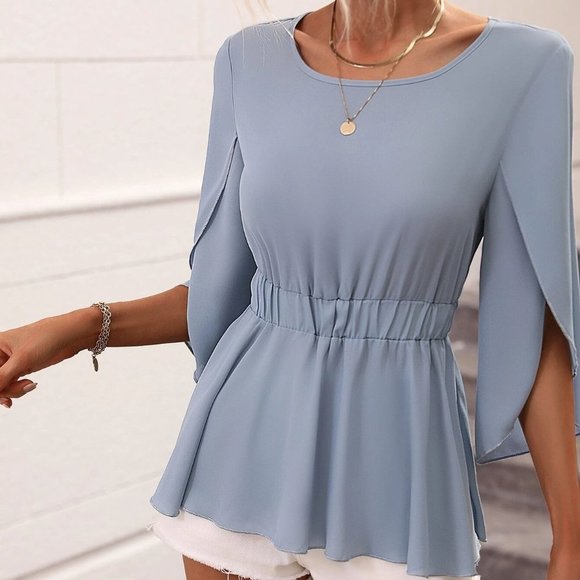 Blue Boho Womens Knot Back Split Sleeve Blouse - Picture 3 of 5